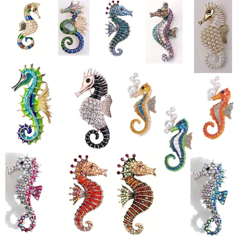 Fashion Sea Horse Brooch For Women Men Alloy Enamel Rhinestone Artificial Pearl Ocean Animal Brooches Pins Jewelry