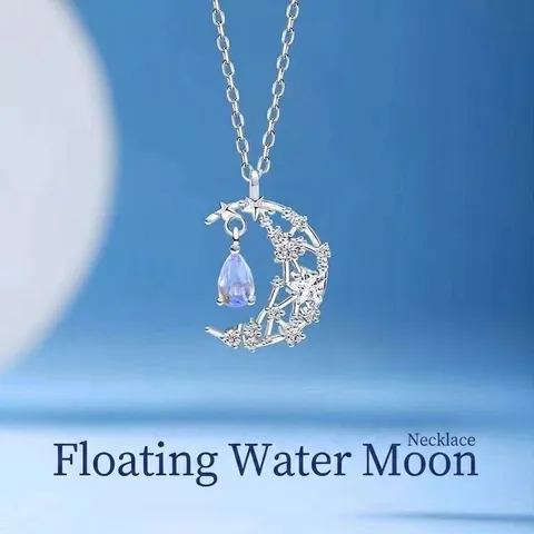 Bosstijl Zinklegering Strass Maan Ster Hanger Halsketting Dromerige Blauwe Waterdruppel Kristal Sleutelbeen Ketting Vrouwen Sieraden