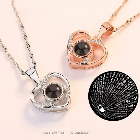 Elegant Heart Shaped Projection Necklace Multi-Language I Love You Zinc Alloy Rhinestone Pendant Necklace Valentine Gift For Women