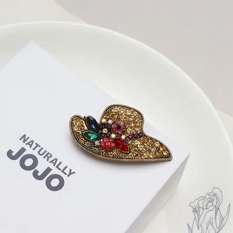 Vintage Alloy Rhinestone Sun Hat Brooch Pin Elegant Multi Color Flower Corsage Jewelry For Women Suit Coat Accessories
