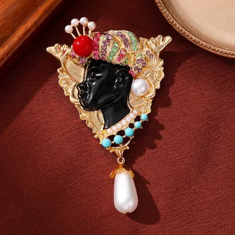 Broche Portrait Blackamoor Égyptien Ancien Exotique Vintage Pour Hommes Femmes Rétro Alliage Strass Perle Artificielle Bijoux