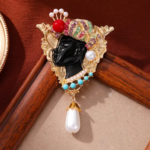 Broche Portrait Blackamoor Égyptien Ancien Exotique Vintage Pour Hommes Femmes Rétro Alliage Strass Perle Artificielle Bijoux