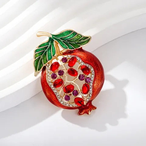Korean Style Fashion Pomegranate Brooch For Women Niche Design Fruit Plant Rhinestone Enamel Corsage Alloy Gold Pin Jewelry