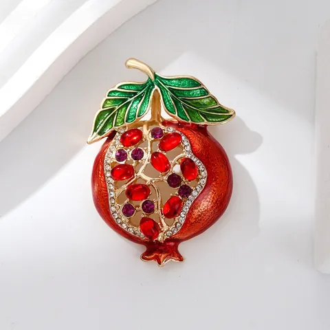 Korean Style Fashion Pomegranate Brooch For Women Niche Design Fruit Plant Rhinestone Enamel Corsage Alloy Gold Pin Jewelry