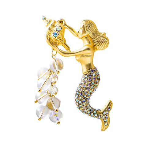 Broche Sirène de Luxe pour Femmes Or Alliage Strass Émail Perle Artificielle Accessoire de Vêtement de Mode Bijoux Cadeau