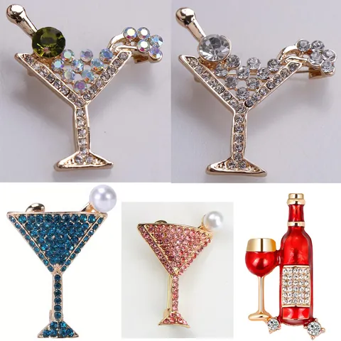Broche de Botella de Vino de Aleación de Esmalte Broche de Copa de Cóctel de Strass con Perla Artificial Joyería
