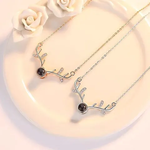Romantic Projection Necklace Heart Antler Angel Wing Zinc Alloy Rhinestone Pendant Necklace 100 Languages I Love You Gift for Women