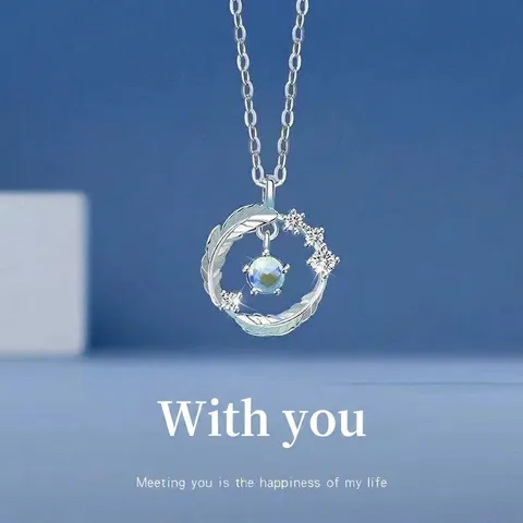 Minimalist Alloy Pendant Necklace Women Luxury Bird Wreath Bamboo Feather Iridescent Bead Rhinestone Clavicle Chain Jewelry