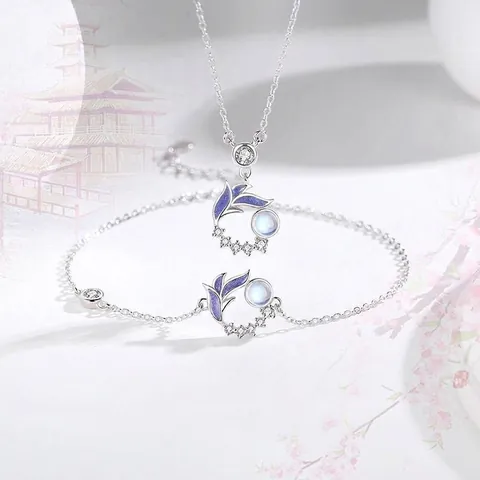 Alter Chinesischer Stil Zinklegierung Halskette Armband Set Mit Künstlichem Mondstein Lila Emaille Strass Schlüsselbein Kette Schmuck Für Damen