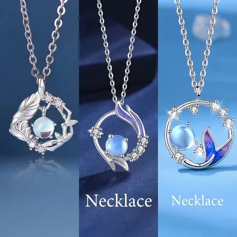 Romantic Zinc Alloy Blue Stone Pendant Necklace for Women Light Luxury Feather Fish Tail Koi Design Rhinestone Jewelry Gift