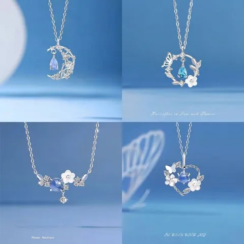 Forest Style Zinc Alloy Rhinestone Moon Star Pendant Necklace Dreamy Blue Water Drop Crystal Clavicle Chain Jewelry For Women