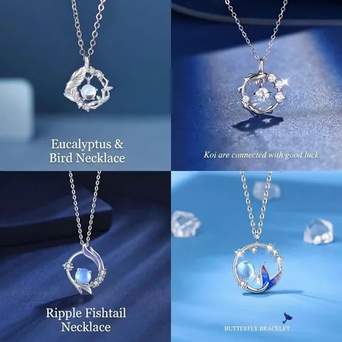 Romantic Zinc Alloy Blue Stone Pendant Necklace for Women Light Luxury Feather Fish Tail Koi Design Rhinestone Jewelry Gift