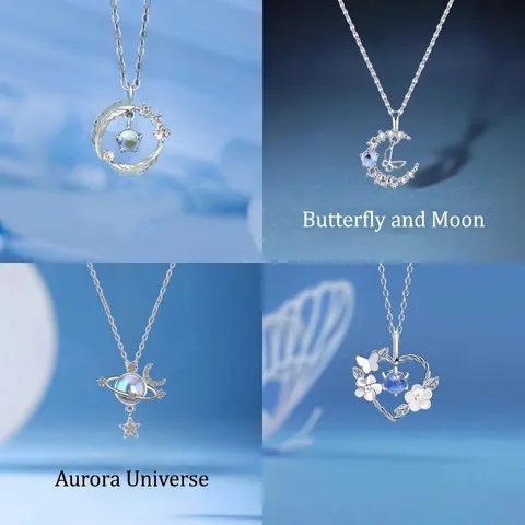 Legierung Strass Anhänger Halskette für Damen Feder Mond Schmetterling Planet Herz Form Leichter Luxus Nischen Schmuck Geschenk