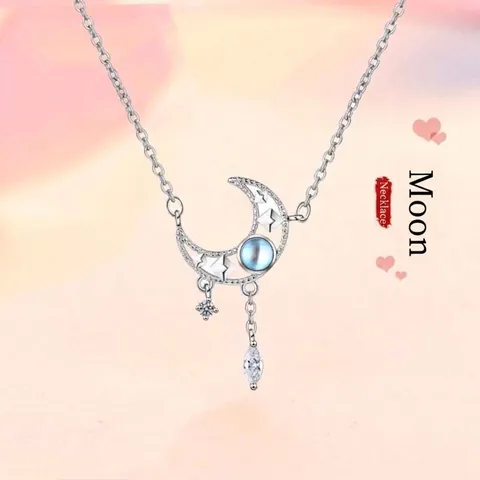 Fashion Alloy Rhinestone Bamboo Moon Star Pendant Necklace Set For Women Elegant Artificial Pearl Jewelry Clavicle Chain Accessories