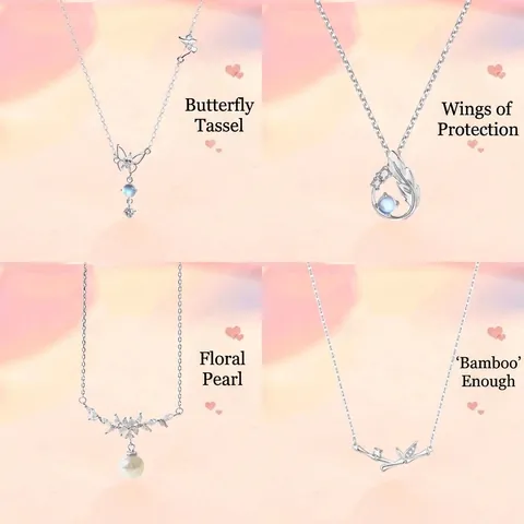 Fashion Elegant Moonstone Glass Butterfly Pendant Necklace Light Luxury Sweet Floral Pearl Bamboo Tassel Clavicle Chain Necklace Jewelry Gift For Women