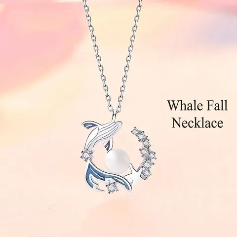 Alloy Whale Pendant Necklace For Women Artificial Pearl Rhinestone Mermaid Tail Moon Snowflake Heart Clavicle Chain Jewelry
