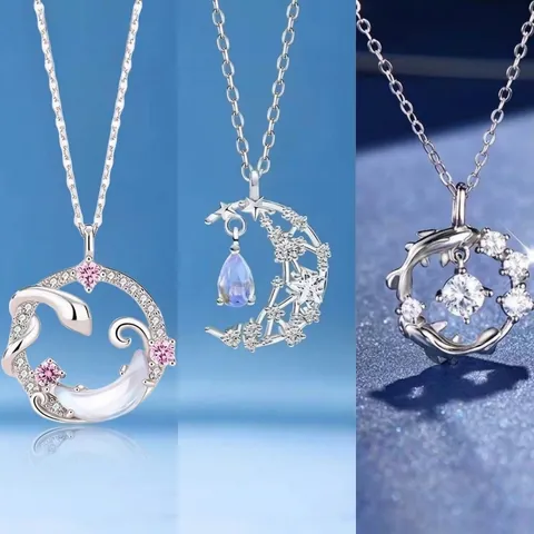 Lichte Luxe Legering Strass Maan Slang Hanger Ketting Voor Vrouwen Zilver Gelukkige Koi Maretak Sieraden Cadeau