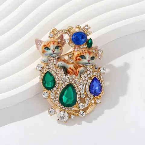 Spilla a Forma di Doppio Gatto Vintage in Lega di Zinco per Donna Spilla da Revers con Strass Intarsiato Smeraldo Verde Blu Gemma a Goccia Gioielli