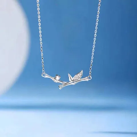 Minimalist Alloy Bamboo Joint Pendant Necklace For Women Light Luxury Rhinestone Silver Color Cross Chain Jewelry Gift