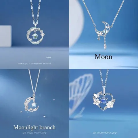 Elegant Alloy Rhinestone Pendant Necklace Fairy Style Heart Moon Feather Branch Butterfly Silver Plated Women Jewelry Gift