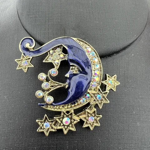 Broche Vintage de Esmalte Cara de la Luna y Estrella en Aleación Bañado en Oro con Strass AB Joyería de Solapa Celestial Retro para Mujer Hombre