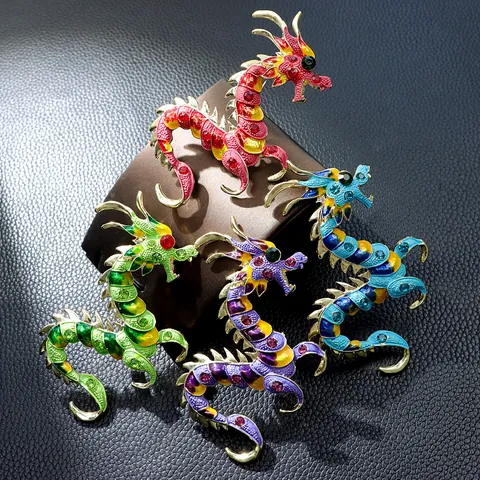 Vintage Chinese Zodiac Dragon Brooch for Women Men Alloy Rhinestone Enamel Pin New Year Festive Party Accessory Jewelry
