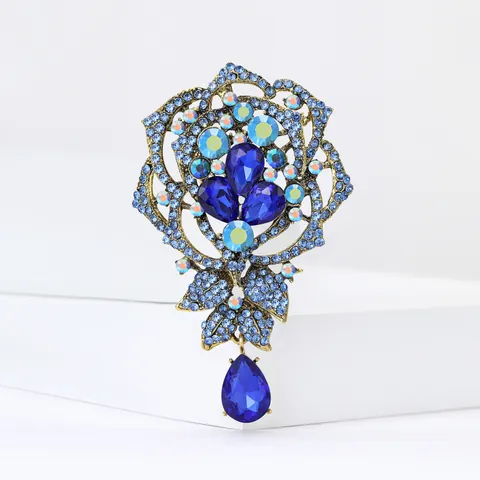 Vintage Rose Flower Brooch For Women Alloy Rhinestone Hollow Floral Brooch Pin With Water Drop Pendant Fashion Dress Accessories Jewelry
