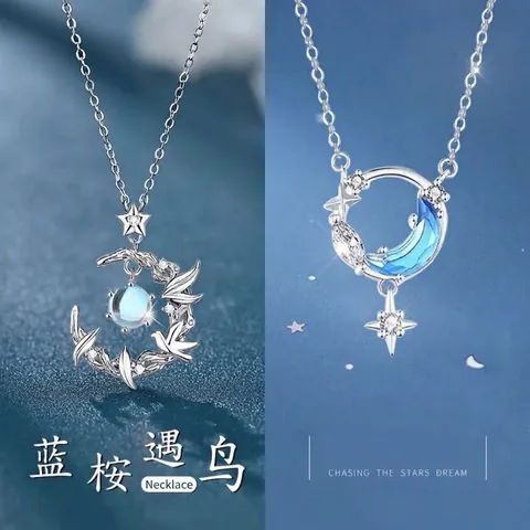 Nieuwe Chinese Stijl Legering Strass Hanger Halsketting Voor Vrouwen Blauw Eucalyptus Vogel Ster Maan Choker Sieraden Cadeau