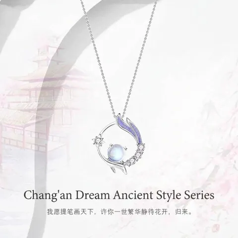 Ancient Style Moon Pendant Necklace For Women Alloy Rhinestone Synthetic Moonstone Ethereal Silver Tone Clavicle Chain Jewelry Gift