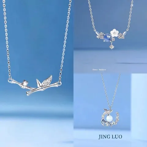 Original Design Bamboo Node Flower Whale Tail Mermaid Pendant Necklace For Women Light Luxury Alloy Rhinestone Clavicle Chain Jewelry Gift