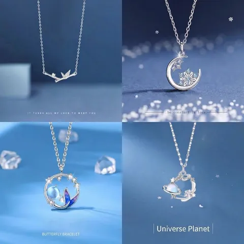 Ins Style Alloy Rhinestone Pendant Necklace For Women Bamboo Node Snowflake Mermaid Tail Planet Motif Graduation Jewelry Gift