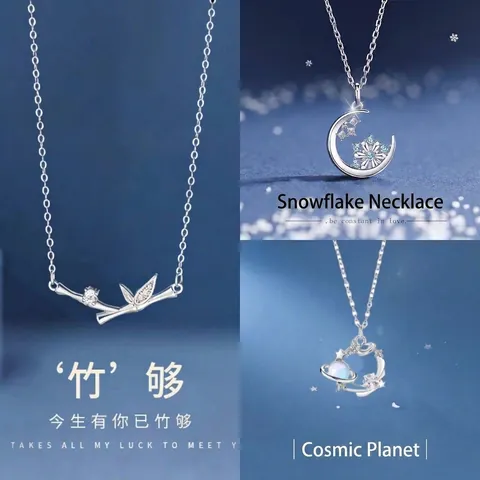 Ins Style Alloy Rhinestone Pendant Necklace For Women Bamboo Node Snowflake Mermaid Tail Planet Motif Graduation Jewelry Gift