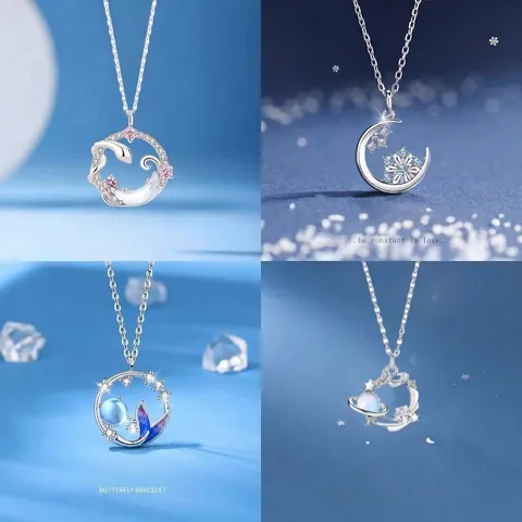 Vintage Alloy Artificial Moonstone Pendant Necklace Snake Moon Snowflake Mermaid Tail Planet Rhinestone Jewelry For Women