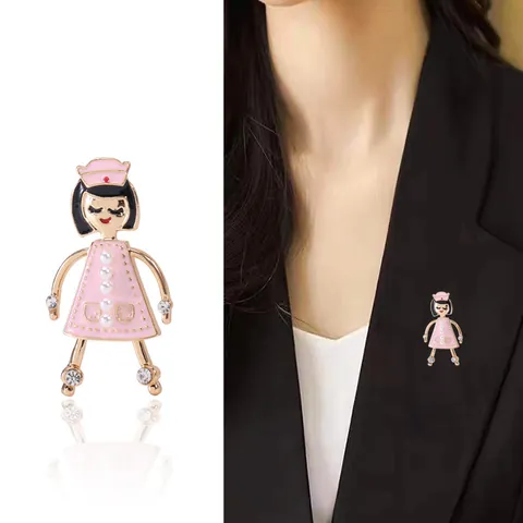 Fashion Cartoon Nurse Brooch Alloy Enamel Pin With Rhinestone And Artificial Pearl Decorative Breastpin For Women Work Daily