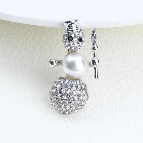 Cute Snowman Christmas Brooch Pin Alloy Rhinestone Artificial Pearl Silver Plated Festival Banquet Party Decoration Jewelry Gift