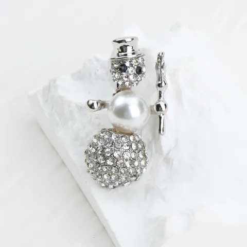 Cute Snowman Christmas Brooch Pin Alloy Rhinestone Artificial Pearl Silver Plated Festival Banquet Party Decoration Jewelry Gift