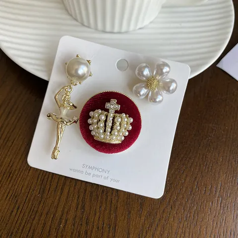 Retro Alloy Artificial Pearl Rhinestone Brooch Set Vintage Flower Crown Ballet Girl Decorative Jewelry For Women Clothing Accessory