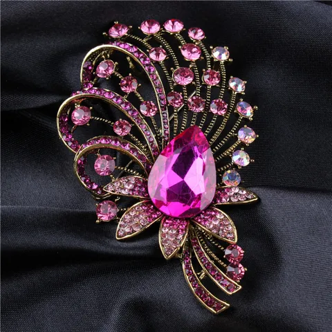 Royal Vintage Luxury Crystal Brooch for Women Alloy Rhinestone Floral Water Drop Brooch Pin Elegant Clothes Jewelry Accessory