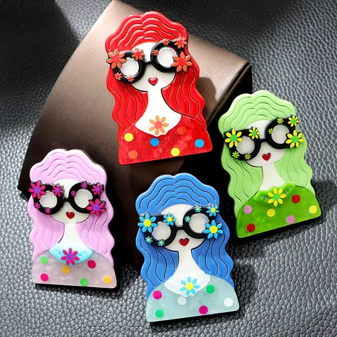Mignonne Broche en Acrylique Fille à Lunettes Style Petit Groupe Badge Personnage de Dessin Animé Accessoire de Vêtement Cadeau Femme