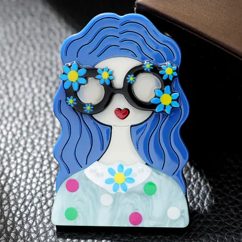 Mignonne Broche en Acrylique Fille à Lunettes Style Petit Groupe Badge Personnage de Dessin Animé Accessoire de Vêtement Cadeau Femme