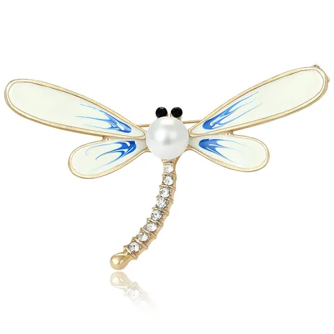 Vintage Alloy Dragonfly Brooch For Women With Enamel Wings Artificial Pearl Rhinestone Animal Lapel Pin Fashion Jewelry Gift