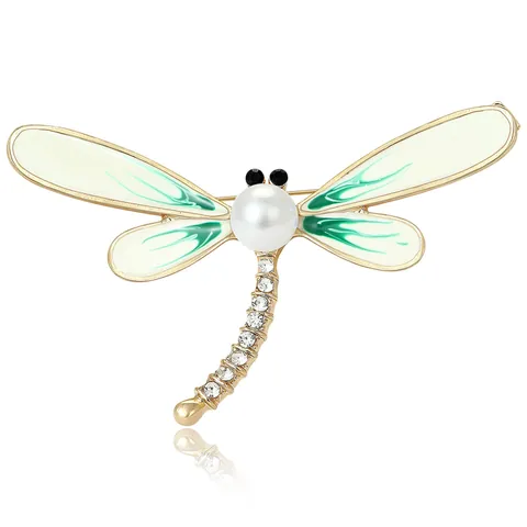 Vintage Alloy Dragonfly Brooch For Women With Enamel Wings Artificial Pearl Rhinestone Animal Lapel Pin Fashion Jewelry Gift