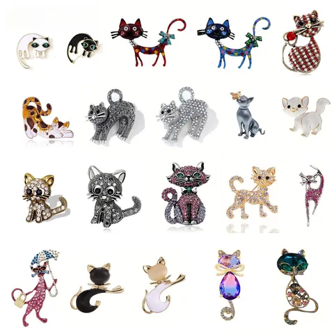 Schattige Legering Kat Broche Strass Emaille Dier Pin Voor Vrouwen Mannen Mode Cartoon Kat Revers Pin Kleding Decoratie Accessoires