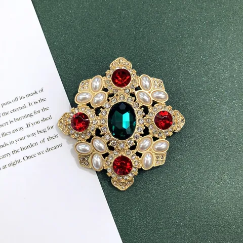 Spilla Retrò con Pietre Preziose Verde Smeraldo Barocca in Lega Strass Perla Artificiale Distintivo per Abito Donna