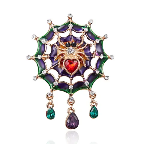 Vintage Alloy Spider Web Brooch For Women Men Rhinestone Red Heart Spider Enamel Drip Oil Animal Brooch Pin Halloween Gift