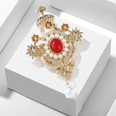 Spilla Corona Stile Palazzo Barocco Vintage da Donna Elegante Spilla in Strass Rosso Viola Con Nappa di Perle Artificiali a Goccia