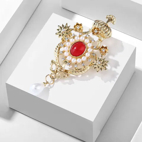Spilla Corona Stile Palazzo Barocco Vintage da Donna Elegante Spilla in Strass Rosso Viola Con Nappa di Perle Artificiali a Goccia