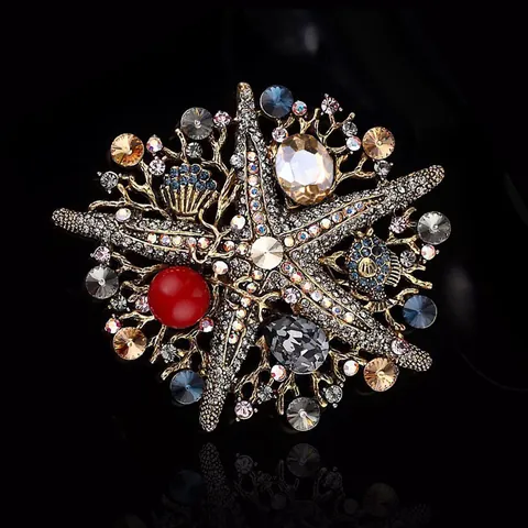Vintage Starfish Rhinestone Brooches for Women Large Artificial Pearl Alloy Brooch Pins Oversized Animal Jewelry For Banquet