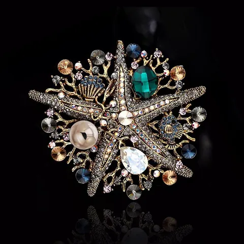 Vintage Starfish Rhinestone Brooches for Women Large Artificial Pearl Alloy Brooch Pins Oversized Animal Jewelry For Banquet