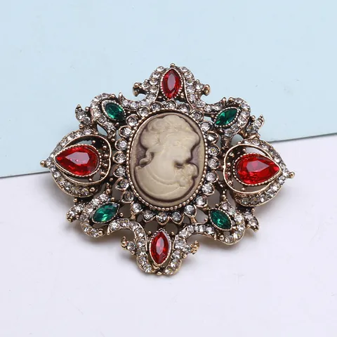 Vintage Court Lady Head Cameo Rhinestone Brooch Victorian Style Alloy Multicolor Crystal Pin For Women Suits Coats Decor